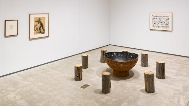 Tania Willard, Surrounded/Surrounding, 2018, wood burning fire ring, laser etched cedar woodlogs from SecwépemcTerritory