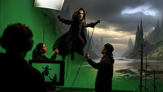 Two people are holding up a puppet in front of a green screen while a third person observes
