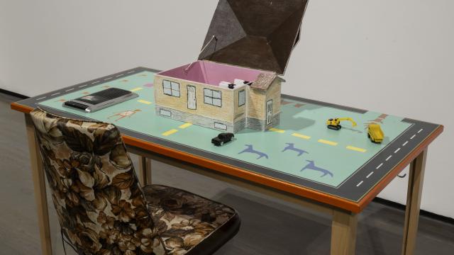 Installation view of Elliptical Lineages, Walter Phillips Gallery, Banff Centre for Arts and Creativity, 2025. seth cardinal dodginghorse, nasagha (home) , 2025, courtesy of the artist. Photo: Rita Taylor.