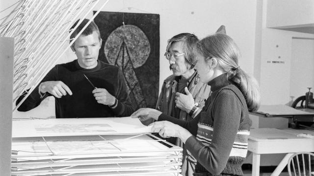 Takao Tanabe with Visual Arts faculty Robert Young and an artist in Glyde Hall studio, 1975