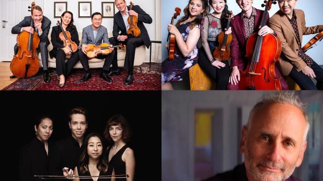 clockwise from top left: New Orford String Quartet, Viano Quartet, Alon Nashman, Leonkoro Quartett