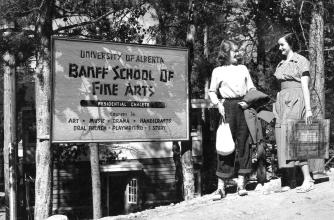 Ann Greyburn and Margot Winspear (née McLeod) in front of Vinci Hall on the Banff Centre campus, circa 1949