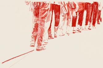 Red pastel  is used to create a detailed illustration of the lower half of a people walking in line single-file.