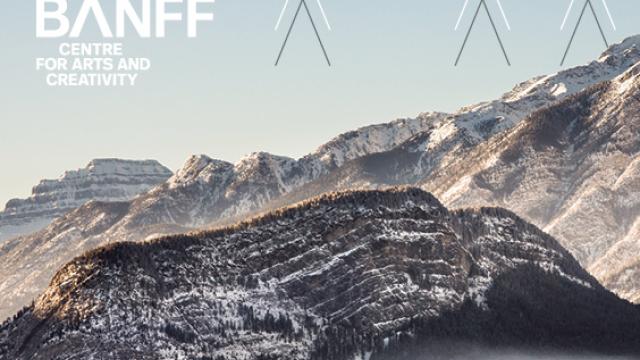 The sheer side of Sleeping Buffalo Mountain with a dusting of snow and Banff Centre graphics over the image.