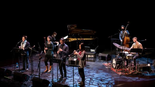 Madeleine Ertel, trumpet, Clea Anais, voice, Daniel Green, clarinet, Katelin Coleman, basson, Stephanie Urquhart, piano, Daniel Howard, upright bass, Morgan Zwicker, drums, Photo by Rita Taylor