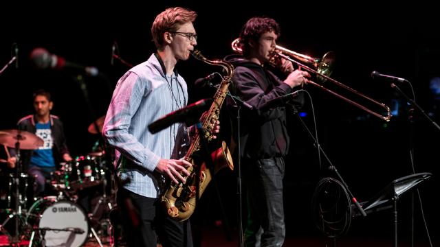 Harrison Argatoff (tenor sax), Andrew Gormley (trombone), Agneya Chikte (drums), Photo by Rita Taylor