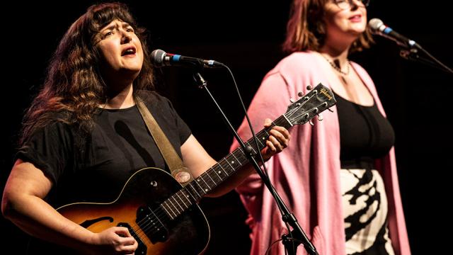 Abigail Lapell (guitar/vocals) and Émilie Lebel (vocals) performing at a 2023 Banff Musicians In Residence concert 