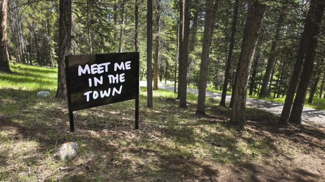 August Klintberg, Meet me in the woods, 2010. Coated aluminum and reflective vinyl signs in two locations: Glyde Hall & the Ken Madsen path. Commissioned for the collection of the Alberta Foundation of the Arts to celebrate the 75th anniversary of Banff C