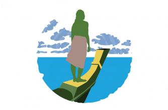 Graphic art of a pacific islander standing on the bow of a boat overlooking the sea.