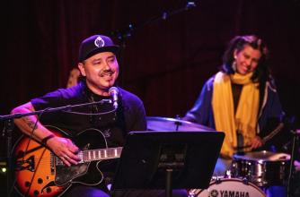Banff Centre 2019, Indigenous Arts Singer Songwriter Residency, James Campbell (electric guitar/vocals), KeAloha Noelani Jung (percussion). Photo by Jessica Wittman. 