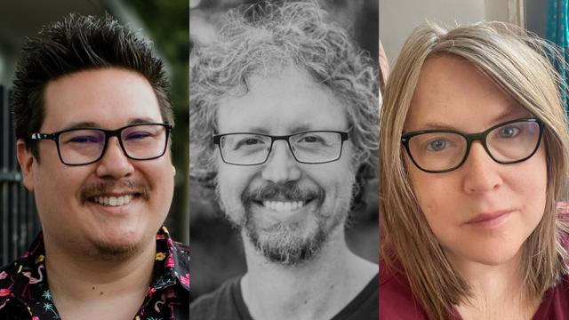 Summer Writers faculty Jordan Abel, Adam Dickinson, and Dodie Bellamy