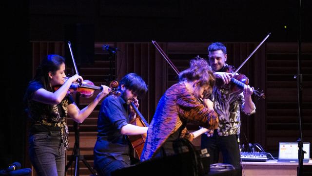 Group of strings musicians on a stage with dim lights