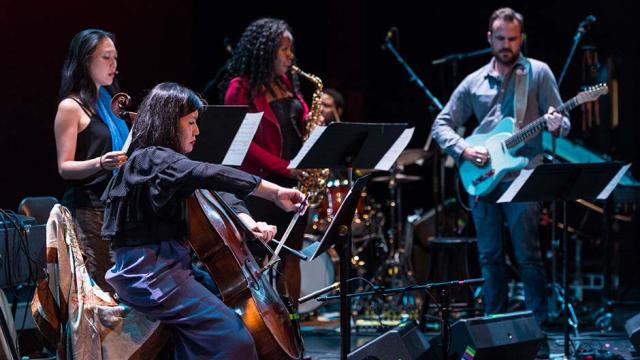 Jazz Club, Banff International Workshop in Jazz and Creative Music, 2017, Okkyung Lee, cello; Jen Shyu, vocals; Tia Fuller, saxophone; Matt Stevens, guitar. Photo by Rita Taylor.