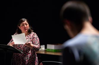 Playwright/performer Mieko Ouchi in a reading of Hiro Kanagawa’s 'Forgiveness' at the 2019 Banff Playwrights Lab. Photo by Jessica Wittman.