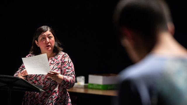 Playwright/performer Mieko Ouchi in a reading of Hiro Kanagawa’s 'Forgiveness' at the 2019 Banff Playwrights Lab. Photo by Jessica Wittman.