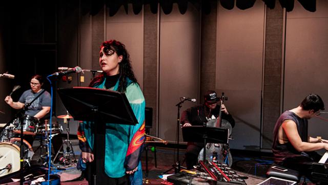 Melody McKiver, violist / percussionist / composer;  Michelle Lafferty, mezzo-soprano; Cris Derksen, composer / cellist; and Jeremy Dutcher, composer / pianist / nucintaq during Canadian Indigenous Classical Music Gathering, 2019. Photo by Jessica Wittman