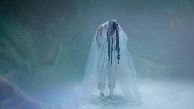 woman standing head down with a transparent white drape covering her. 