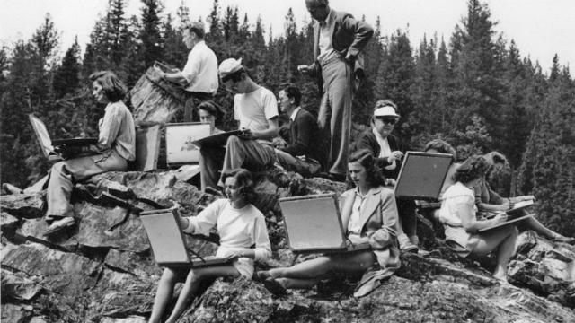 H.G. Glyde with art students, 1947. Courtesy Banff Centre archives.