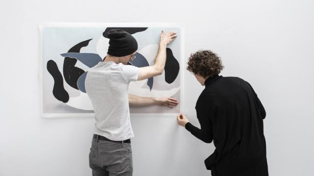 Alexander Thompson and Ewelina Skowronska in studio during the Banff Artist in Residence Late Winter 2019 program.