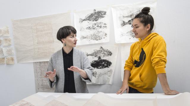 Curator Nicole Burisch in studio visit with Alexa Hatanaka during Craft as Contemporary Art program. Photo by: Don Lee. 