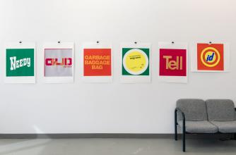 Six artworks hanging on the wall of Dana's studio at Banff Centre