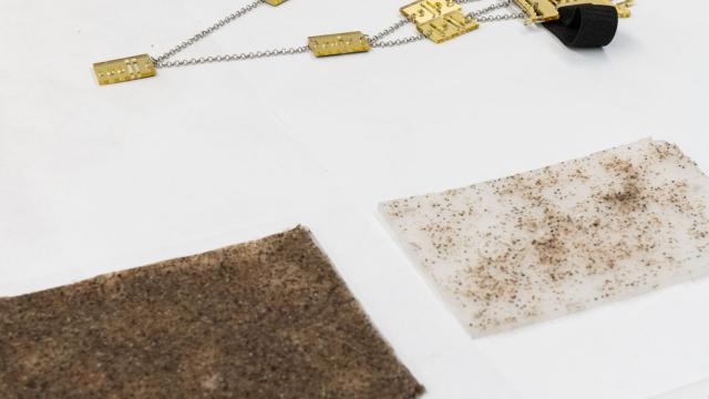 A series of objects arranged on a table in Shirin's studio at Banff Centre.