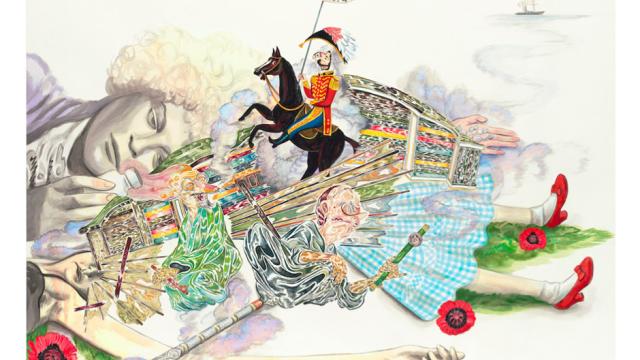2022. The Steam Junk Treaties. Howie Tsui & Shary Boyle. Ink and gouache on paper. 76cm x 94cm