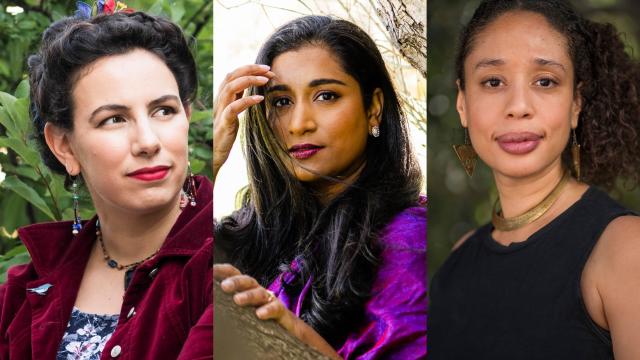A trio of headshots: Amal El-Mohtar, Anuja Varghese, and Alaya Dawn Johnson