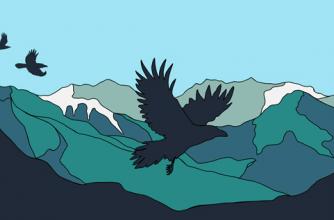 Design of Raven flying over blue and green mountains