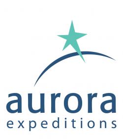 A lopsided turquoise star and blue crescent shape make up the Aurora Expeditions logo.