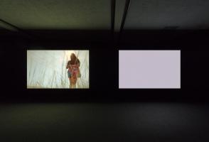 Two large screens in a dark room, one is a blank pink and the other vaguely shows a person.