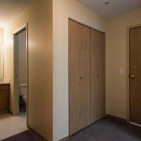 Apartment corner with kitchen and bathroom door. 