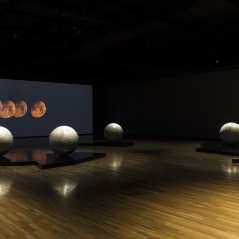 Installation view of Caroline Monnet’s Proximal I, II, III, IV, V (2018) and Transatlantic (2018), courtesy the artist. Walter Phillips Gallery, Banff Centre for Arts and Creativity. Photo by: Rita Taylor