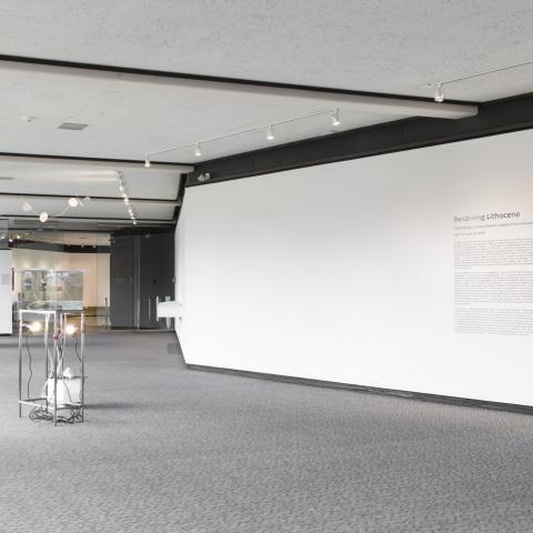 A black light box with an image of a rock is in the background. There is a mixed media structure in the middle of the photo and wall text about the exhibition on the right side.