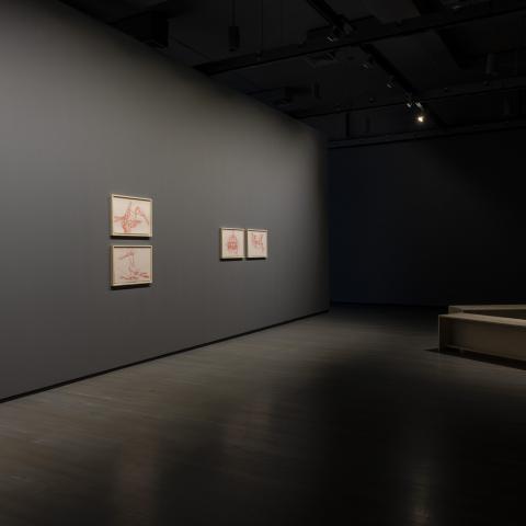 Five framed drawings hang on a grey wall with three benches grouped together in front of the wall.