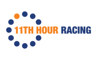 12 dots represent the time on a clock. All are blue except the 11th which is orange. Followed by "11th Hour" in bold capitalized orang text, and "RACING" in blue.
