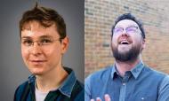 Side-by-side portraits of two performers, one wearing glasses and a denim shirt, the other smiling outdoors in front of a brick wall.
