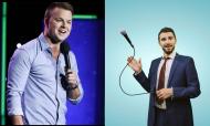 Side-by-side images of two stand-up comedians holding microphones while performing, one on stage and the other posing in a suit against a light blue background.