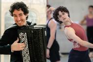 A man playing an accordion; a dance in a studio