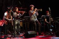 Myrsini Bekakou (violin, arranger), Olivia Jones – (bass clarinet), Nicholas Dourado (sopra-no saxophone), Matt Smith (trumpet) at Jazz & Sonic Arts 2024. Photo by Rita Taylor. 