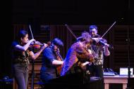 Group of strings musicians on a stage with dim lights